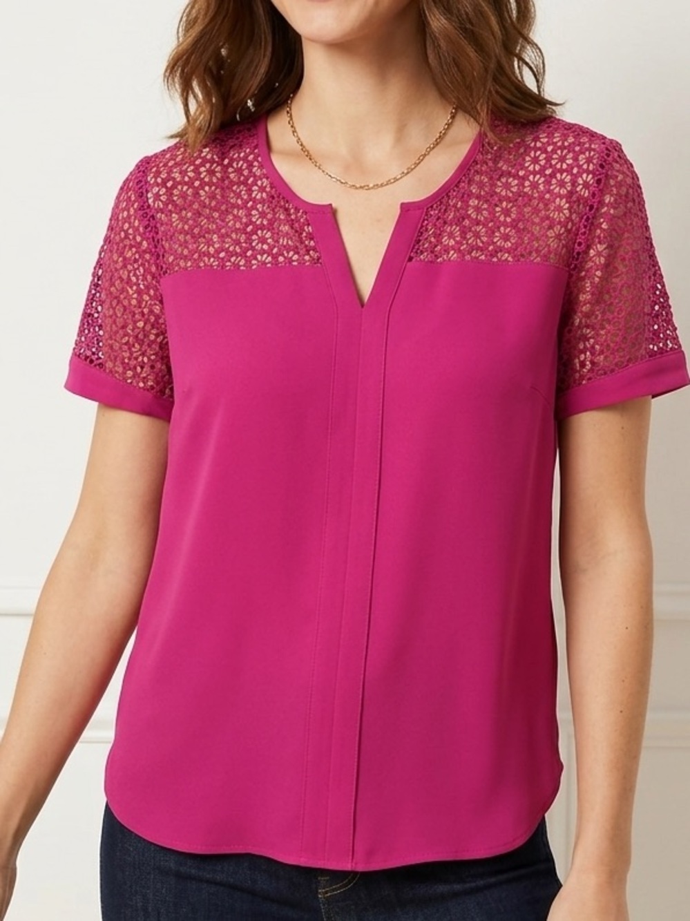 ANN TAYLOR Fuchsia Pink Lace Yoke Split V-Neck Blouse Top Size L